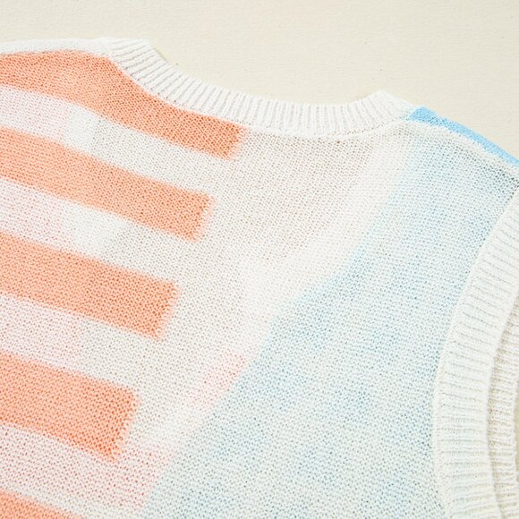 B270 Beige USA Flag Notched Neckline Loose Knit Vest - Picture 12 of 15